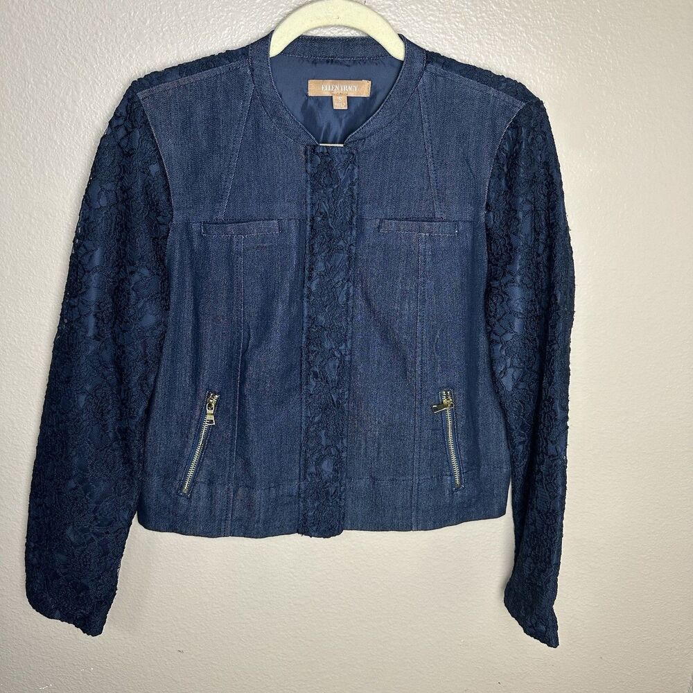 Ellen Tracy Jean Jacket Woman Size Small Lace Trim Dark Wash Long Sleeve Zipper